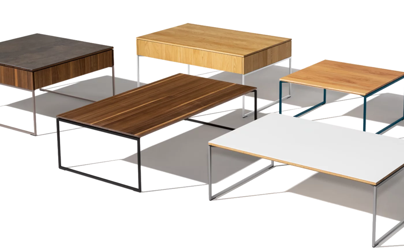 coffee table filigno step made of wood, glass, ceramic and different metal frame colours