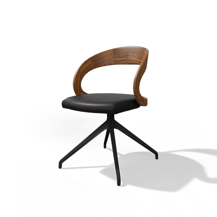 girado dining chair in walnut with leather seat and swivel base in matt black