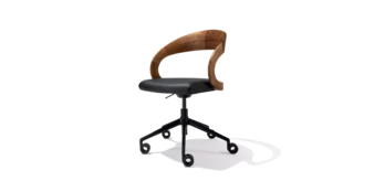 girado office swivel chair with wooden backrest in solid oak and genuine leather seat on a black swivel base with castors