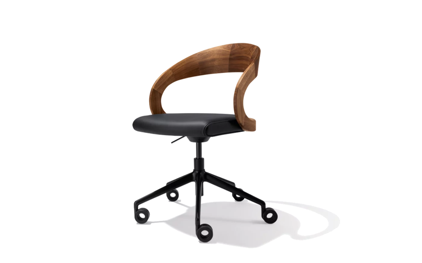 girado office swivel chair with wooden backrest in solid oak and genuine leather seat on a black swivel base with castors