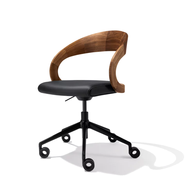 girado office swivel chair with wooden backrest in solid oak and genuine leather seat on a black swivel base with castors