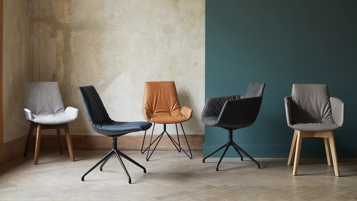 home office consisting of lui office swivel chair with pisa desk and mobile pedestal with graphic design element and Sidekick side table in solid walnut