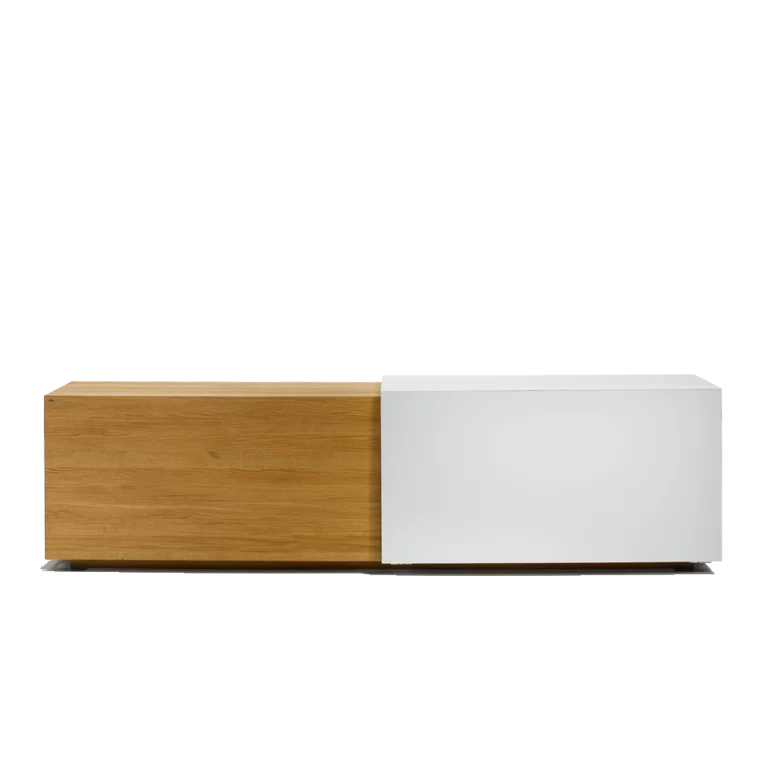 cubus sideboard in solid oak and white coloured glass with angled sliding door