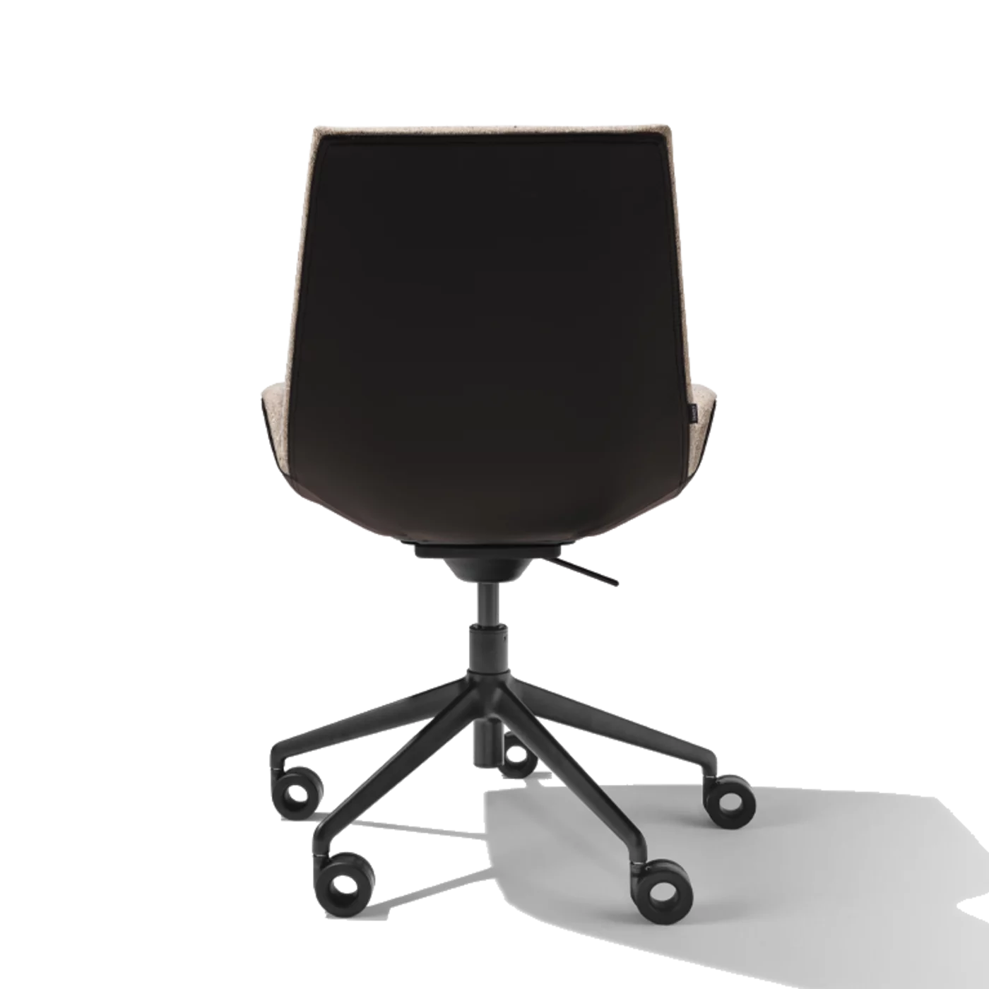 rear view of lui plus office swivel chair in fabric with black matt swivel base on castors