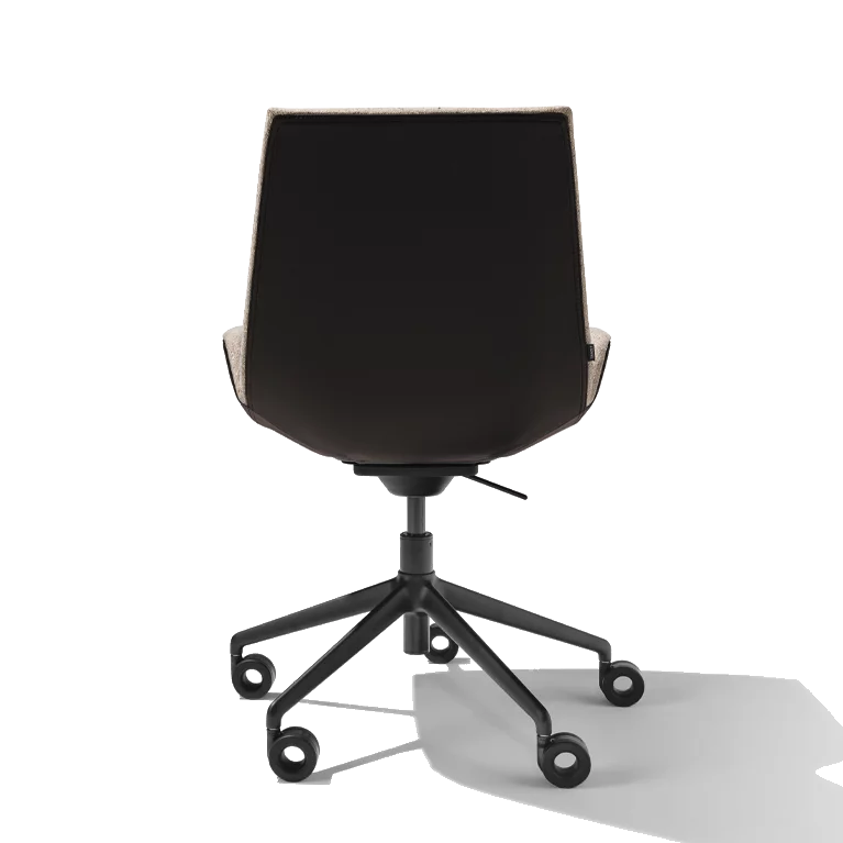rear view of lui plus office swivel chair in fabric with black matt swivel base on castors
