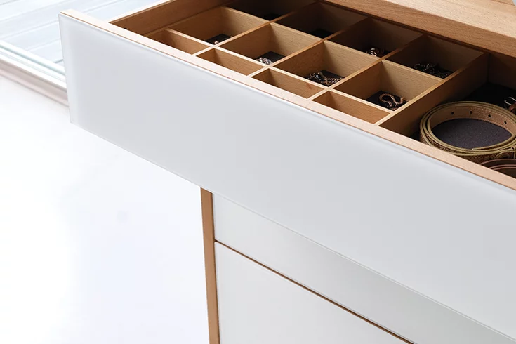 side furniture lunetto in beech, drawer with laser engraving TEAM 7, detailed view