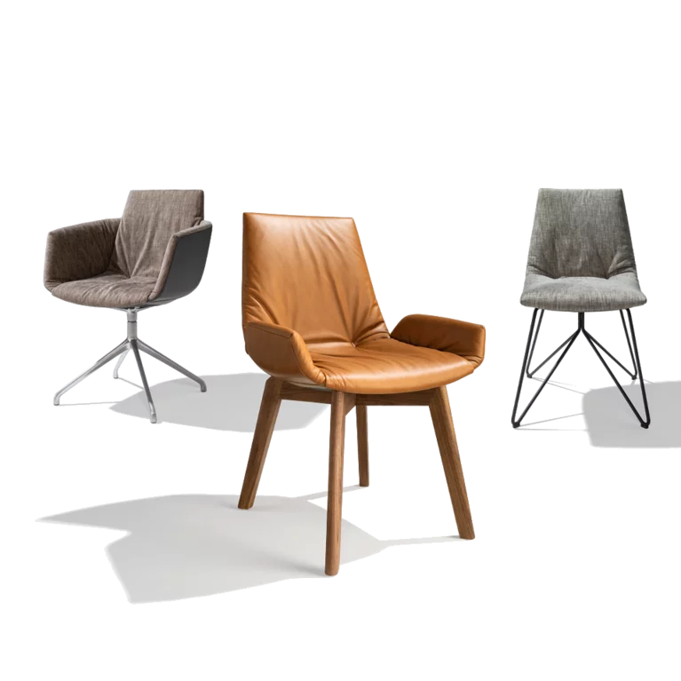 lui chair family with leather or fabric and wood, swivel or wire frame