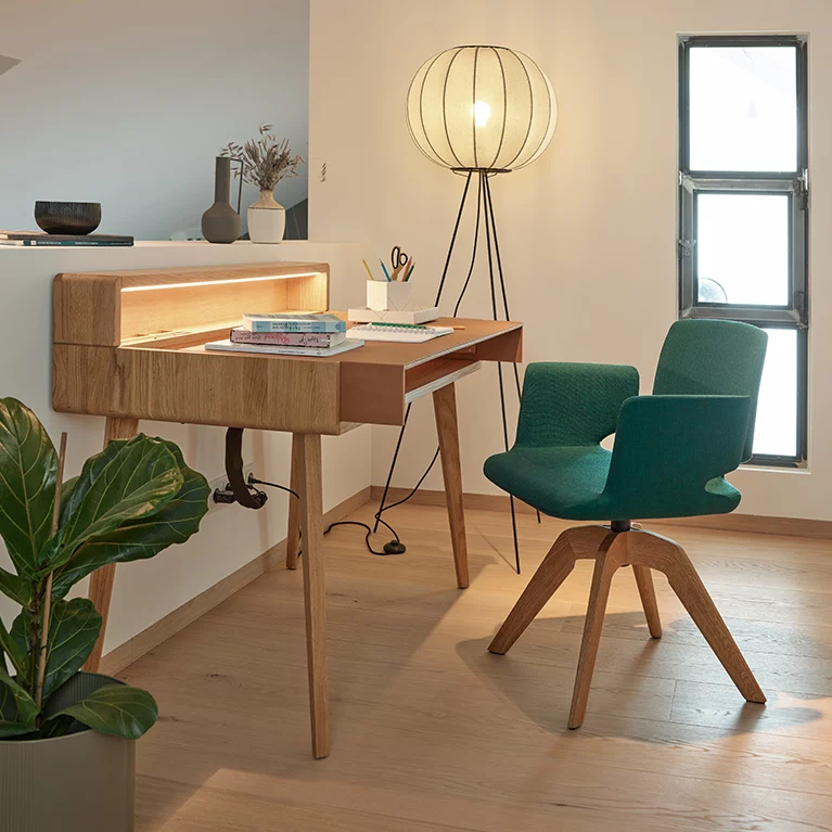 dining chair aye upholstered with wooden swivel base and sol secretary in oak