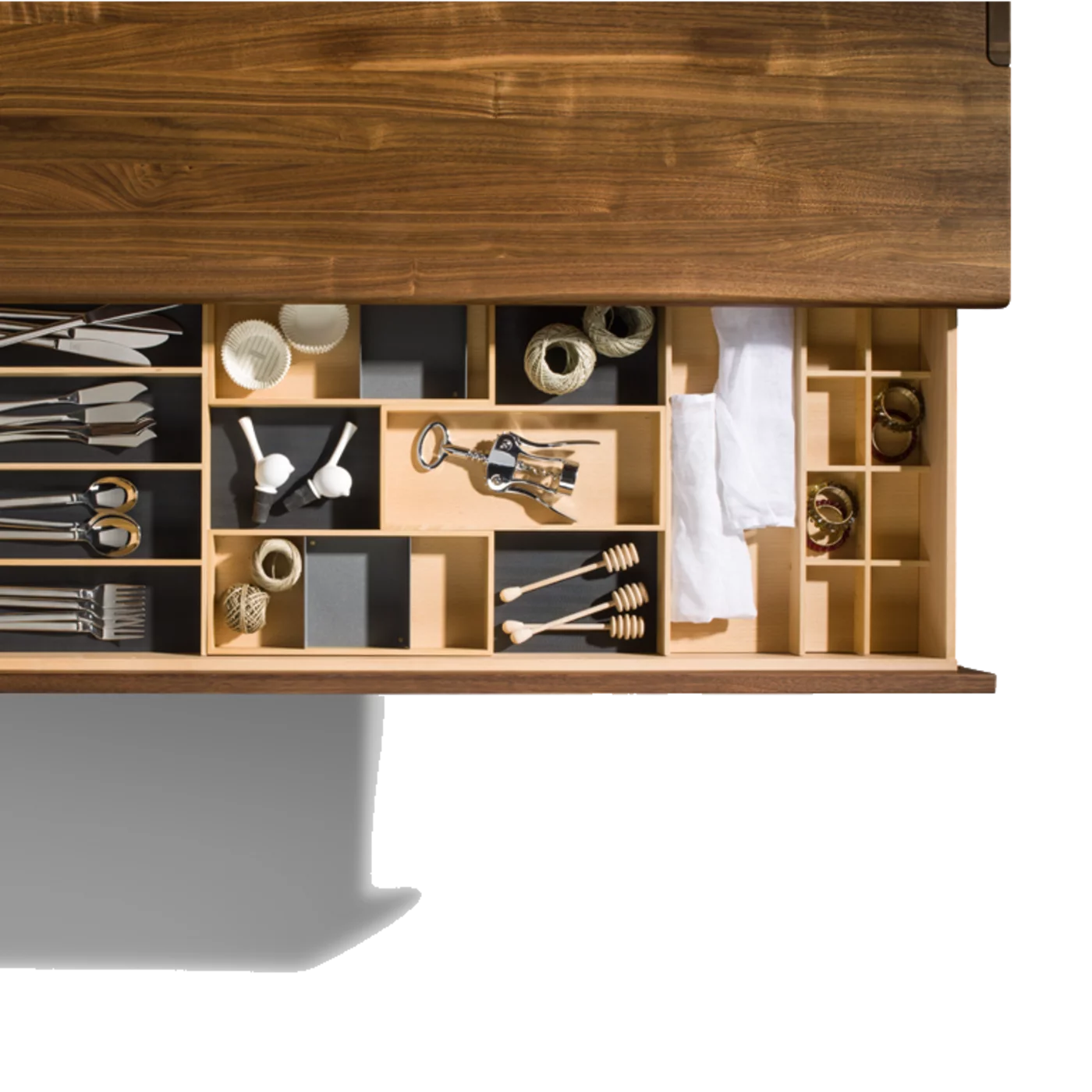 nox sideboard in walnut with cutlery tray in beech, detailed picture