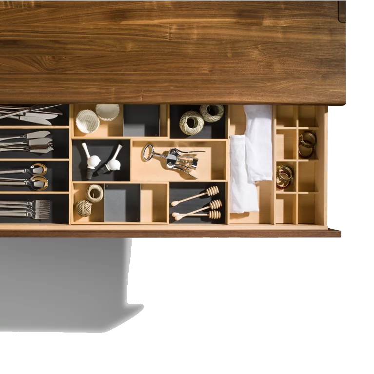 nox sideboard in walnut with cutlery tray in beech, detailed picture