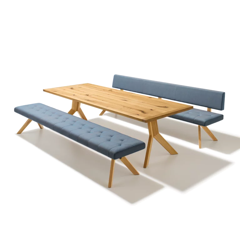 yps extendable dining table in wild oak with the yps upholstered bench without backrest and the yps upholstered bench with backrest