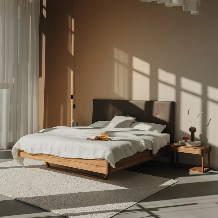 wooden bed float in solid walnut with leather headboard and the float bedside cabinet