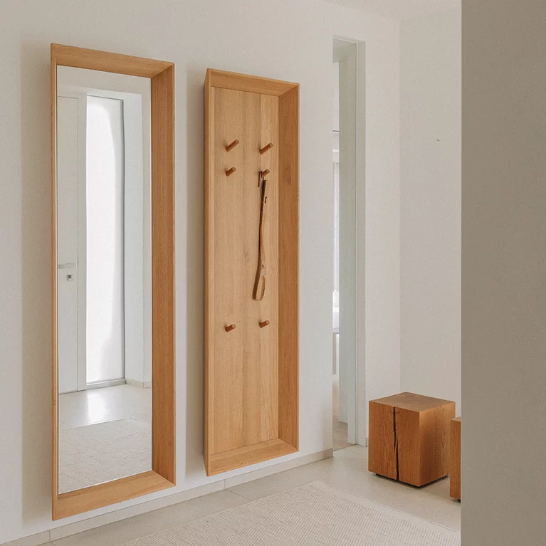 haiku mirror panel and wardrobe panel with natural wood block in natural oak oil