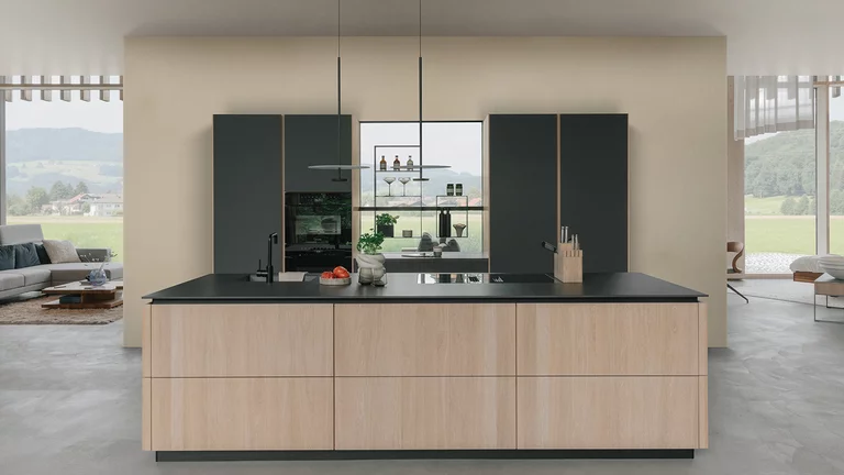 solid wood kitchen pur handleless in oak white oil with coloured glass graphite grey matt with the elegant sign niche element