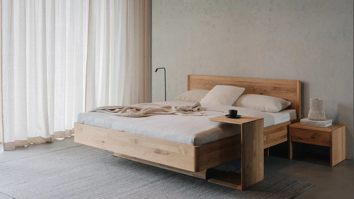 lunetto bedside table in wild oak with the times bed and the clip side table