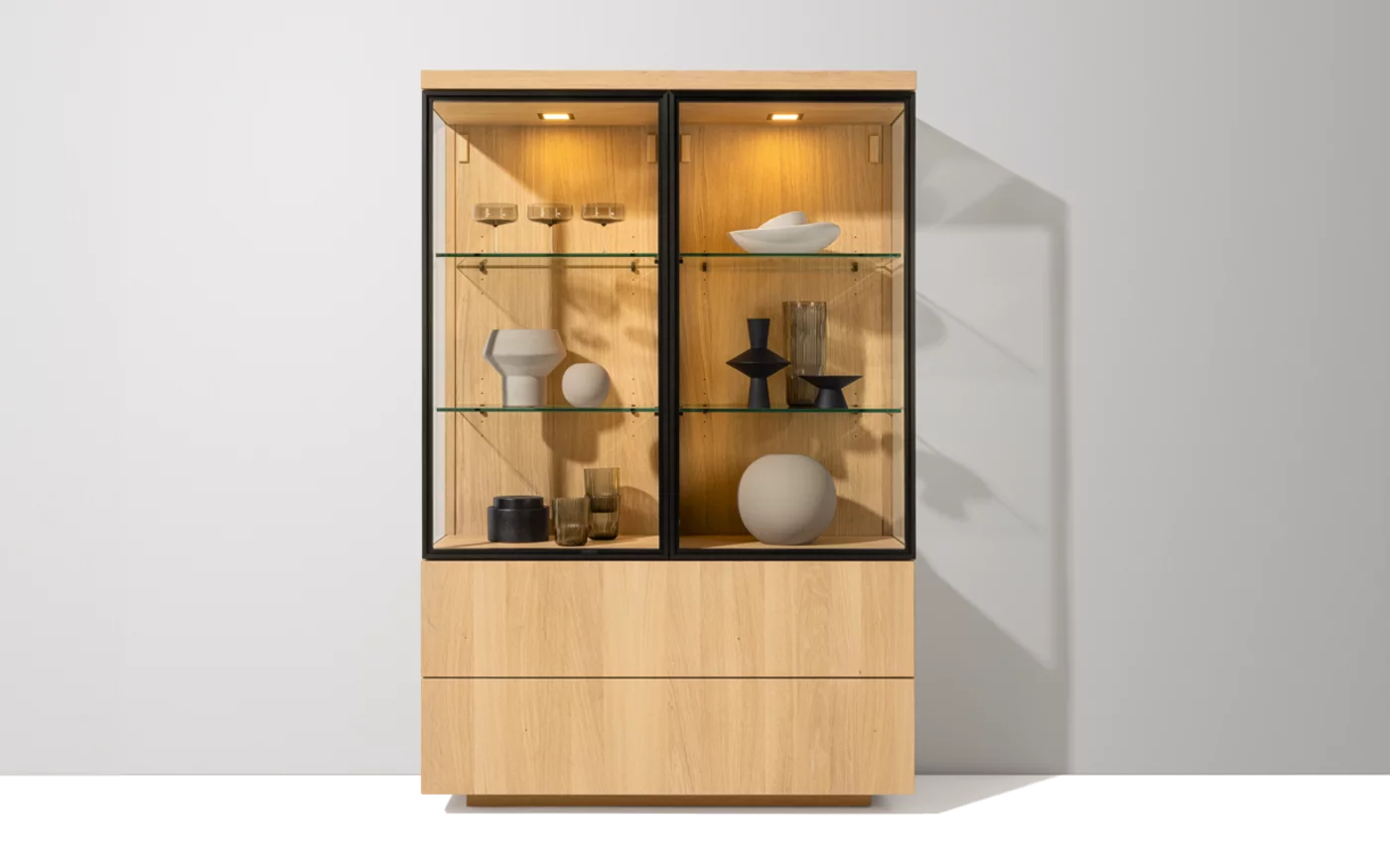 cubus wooden display cabinet in oak white oil with clear glass doors and solid wood drawer