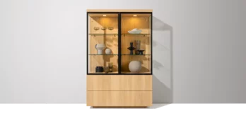 cubus wooden display cabinet in oak white oil with clear glass doors and solid wood drawer