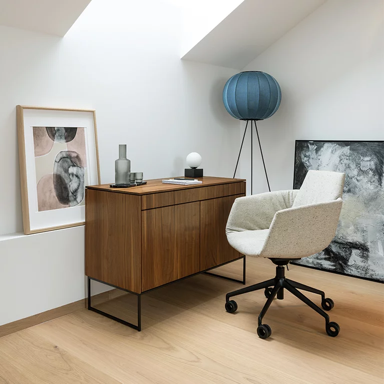 grand lui office swivel chair in fabric and filigno secretary in solid walnut