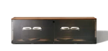 modern nox sideboard in walnut with full length glass front