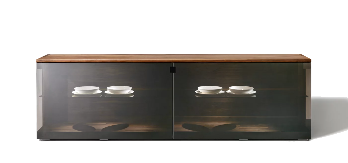 modern nox sideboard in walnut with full length glass front