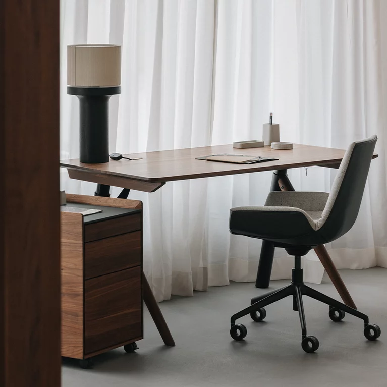 elegant pisa desk with matching mobile pedestal in walnut and lui plus office swivel chair in leather and fabric