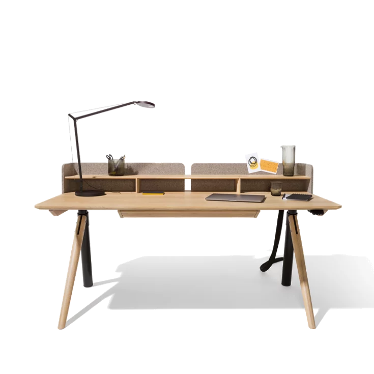 pisa desk with panel, cable conduit and desk drawer in solid oak white oil