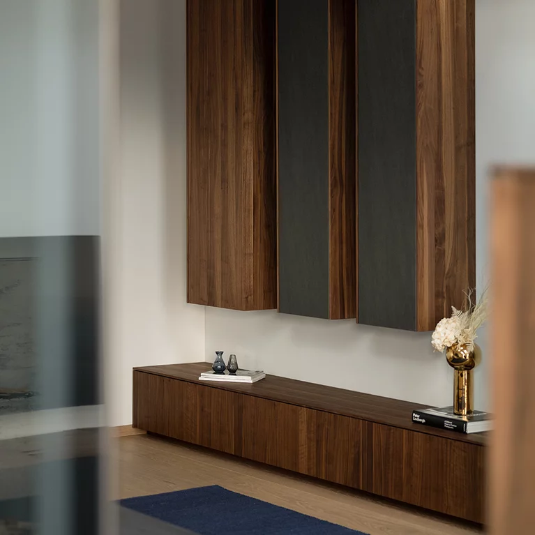 filigno wall unit in walnut and basalt black ceramic, detailed image