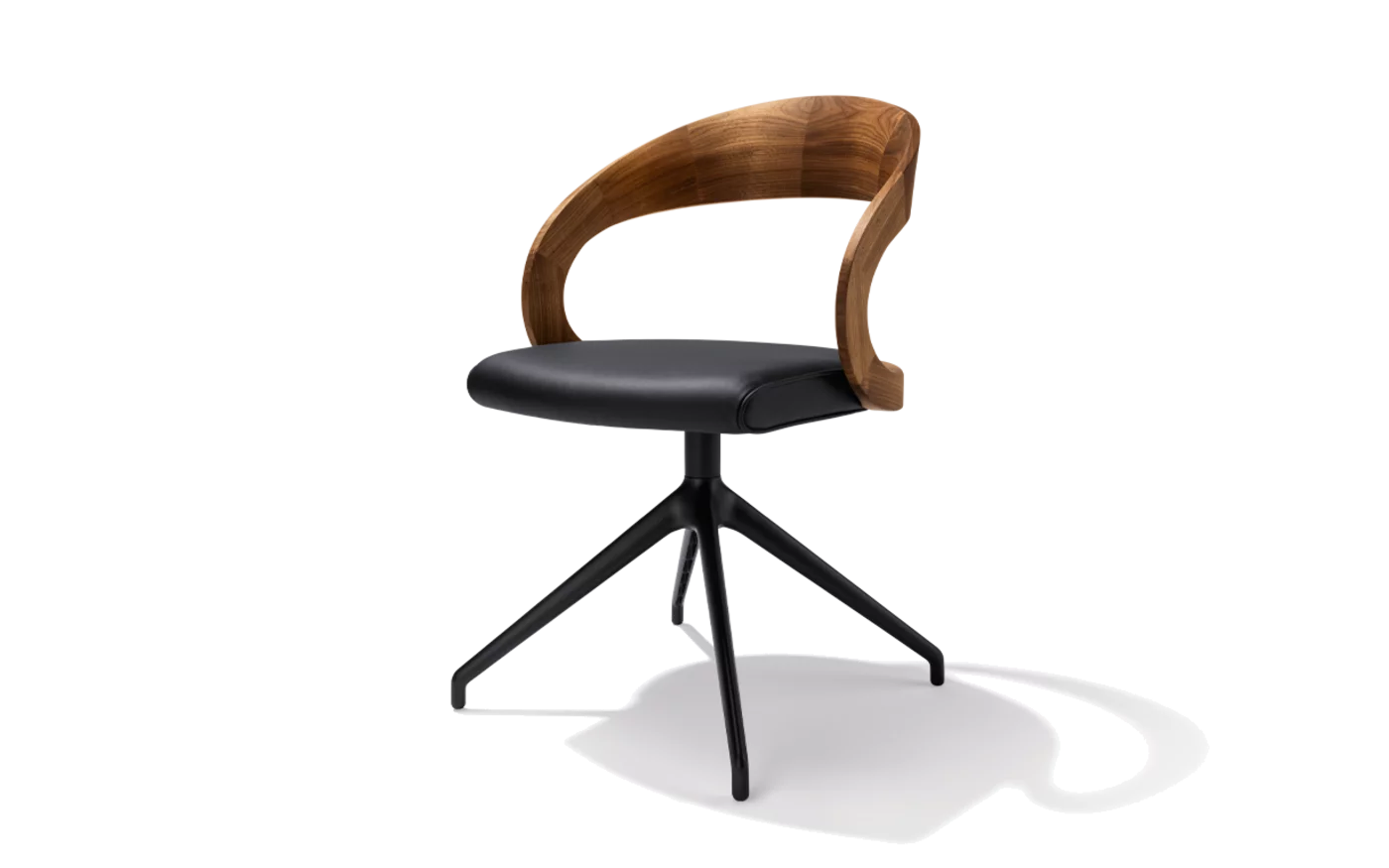 comfortable swivel chair girado with leather seat, frame in matt black and backrest in walnut