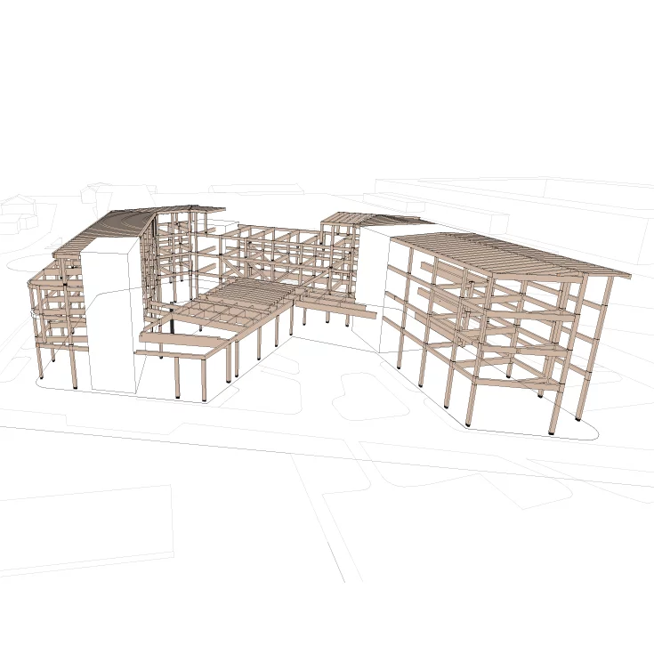 Construction drawing of the TEAM 7 World with timber frame construction for beams, trusses, ceilings and exterior walls