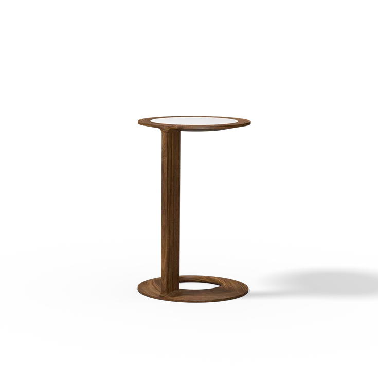 loup side table in solid walnut with matt white coloured glass