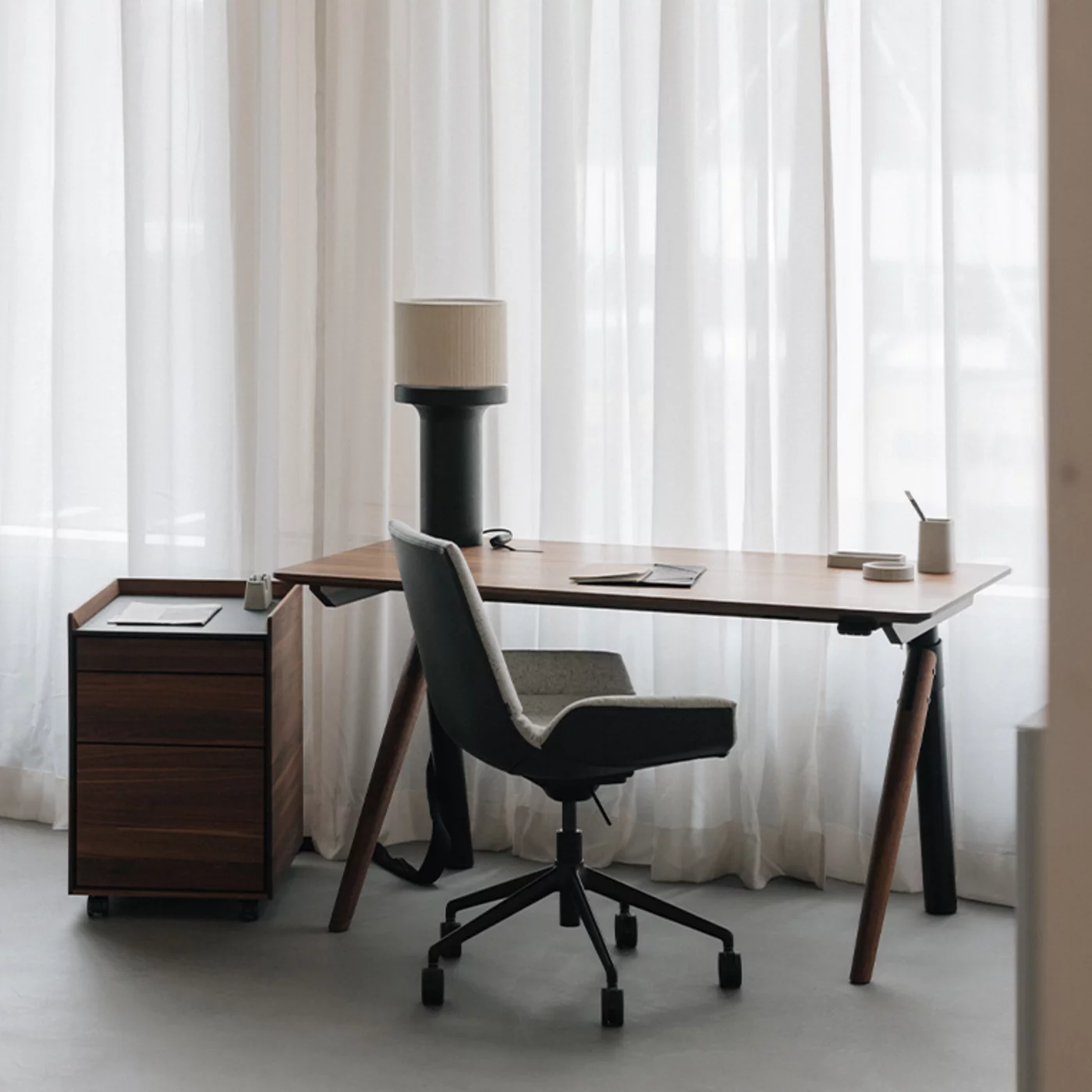 lui plus office swivel chair with pisa desk and mobile pedestal in solid walnut