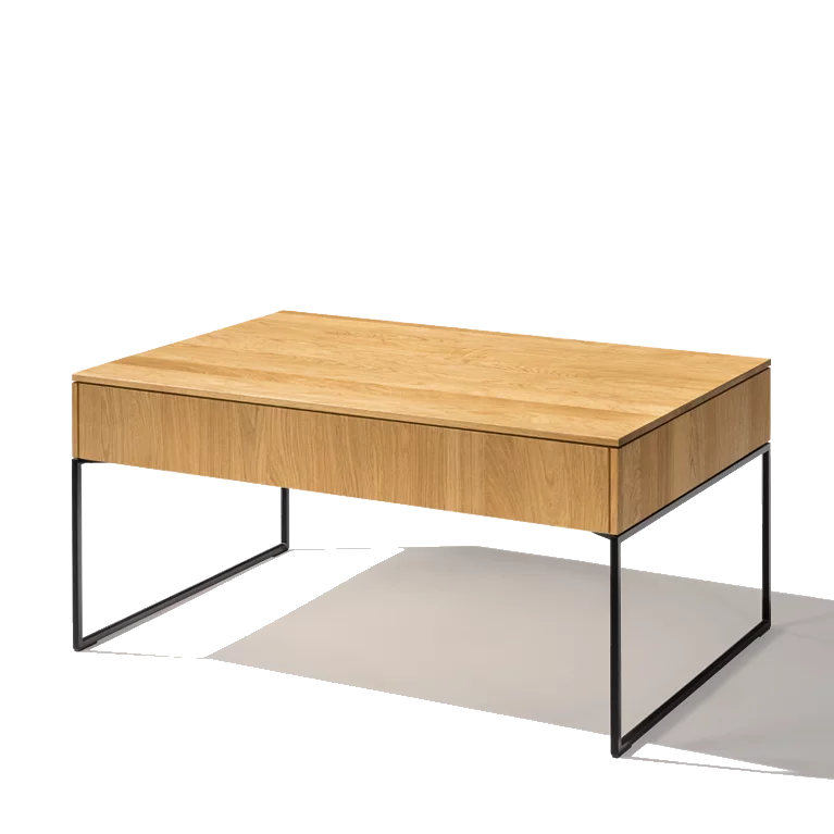 modern living room table filigno made of solid oak with black matt metal frame and storage space