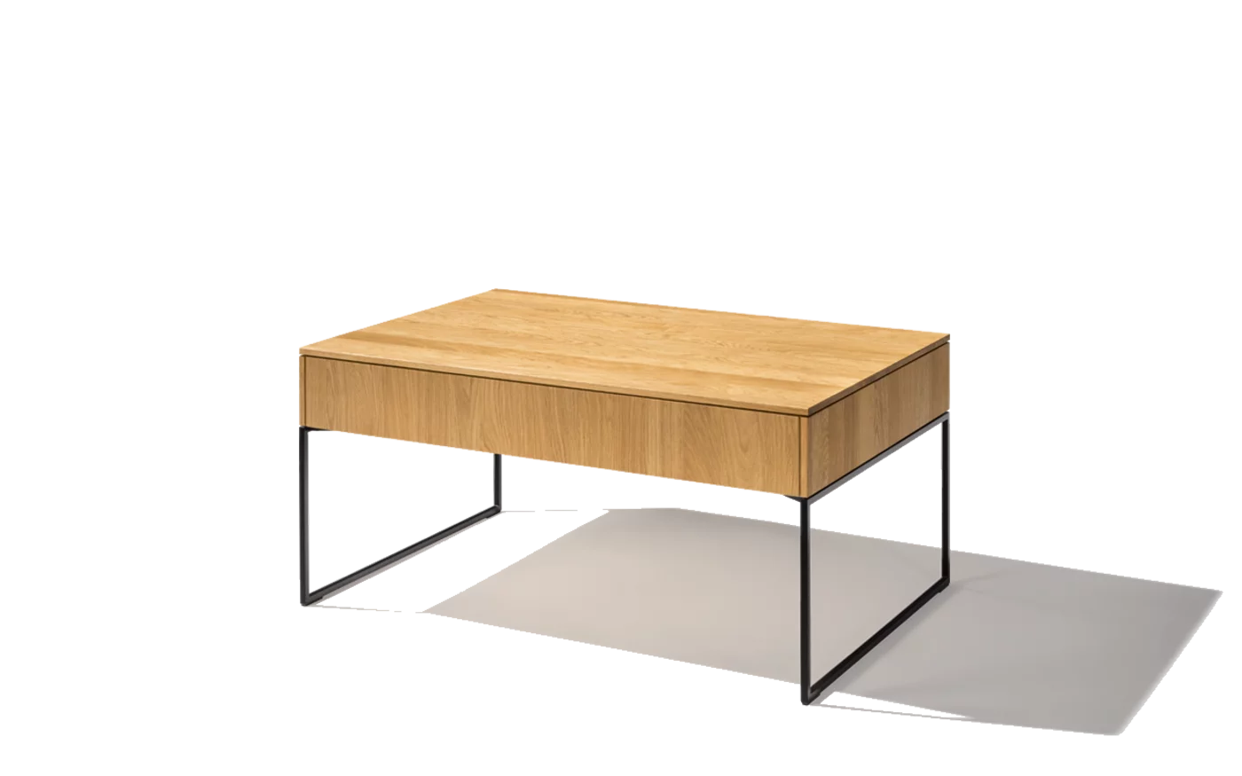 modern living room table filigno made of solid oak with black matt metal frame and storage space