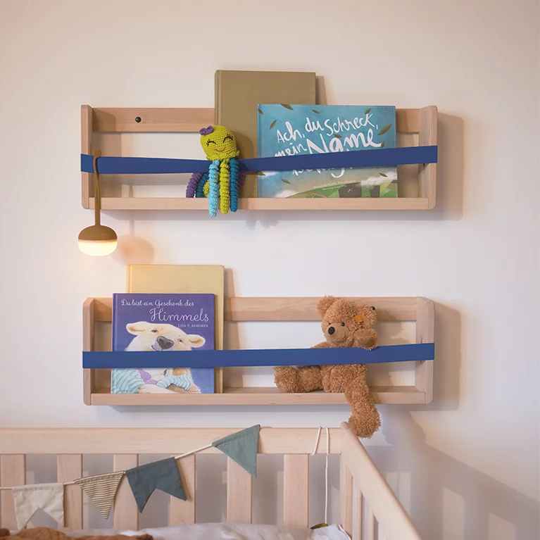 natural wood cot with decorative shelves and elasticated straps kids cot in alder white oil natural wood with practical decorative shelves with elasticated straps