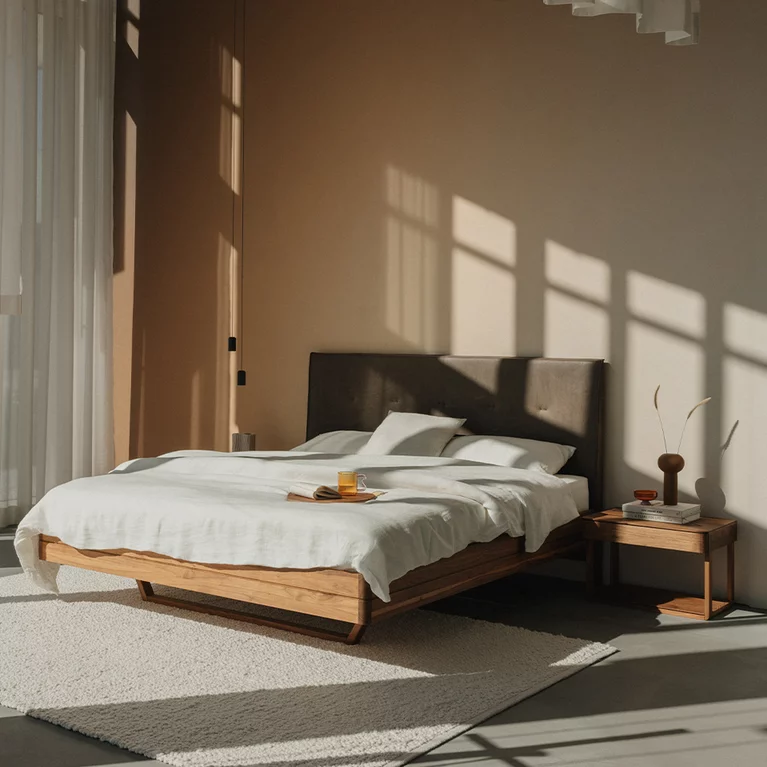 modernes, freistehendes Nachtkästchen float  in Nussbaum mit dem float Bett