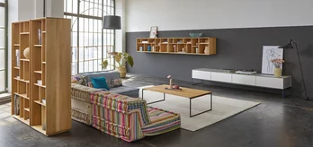 stylish graphic shelving system with filigno solid oak coffee table