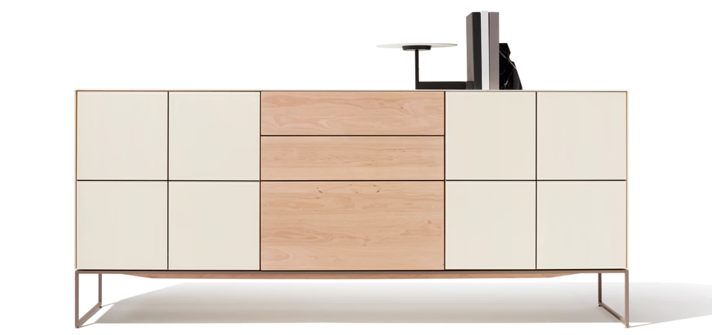 elegant cubus pure sideboard in alder white oil and glass with metal frame, detailed picture
