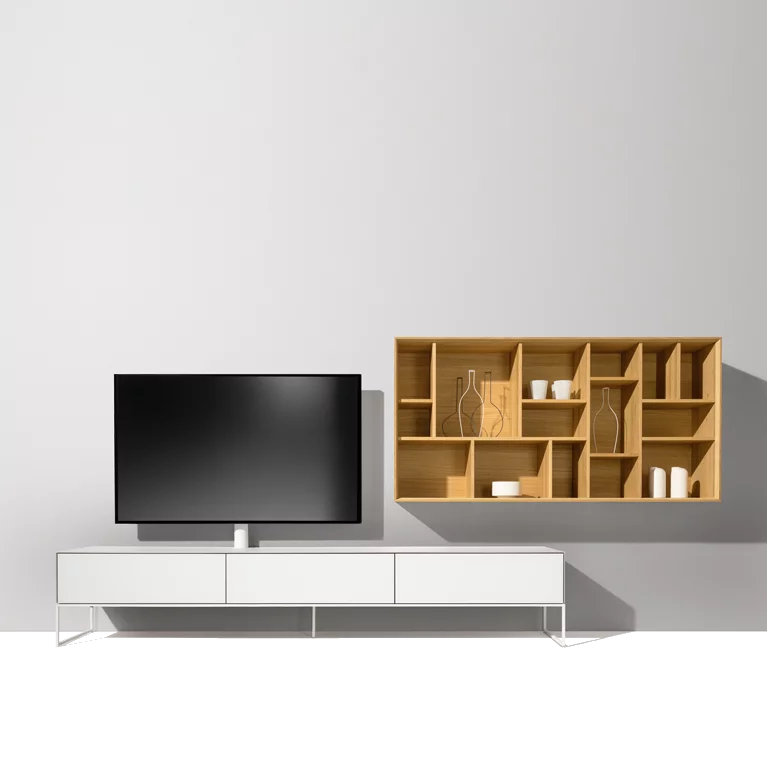 cubus pure wall unit with white coloured glass and snow-white frame combined with the graphic design element in solid oak