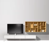 cubus pure wall unit with white coloured glass and snow-white frame combined with the graphic design element in solid oak
