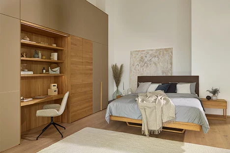 Modern bedroom in solid oak natural oil from float Bed with bedside cabinet and soft hinge-door wardrobe with dressing table and lui plus swivel chair
