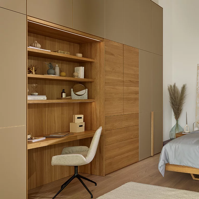 lunetto hinge door wardrobe in oak with intermediate unit and lui plus chair together with the float solid wood bed and bedside cabinet