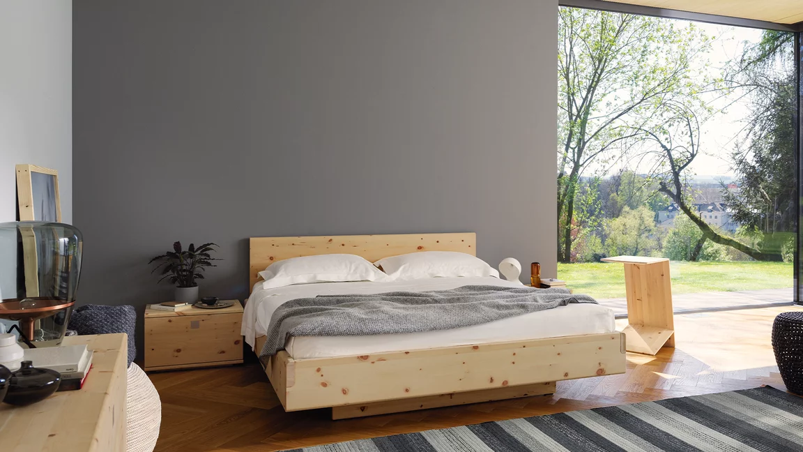 nox solid wood bed with wooden headboard, nox bedside cabinet and sidekick side table in untreated solid swiss pine wood