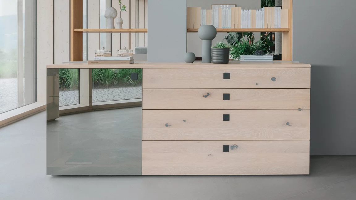 modern nox sideboard in oak white oil with glass front