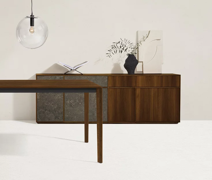 Sideboard aus Massivholz geräuchert mit MDi Fronten Sideboard aus Eiche Massivholz geräuchert mit Frontteilen in MDi iseo gris