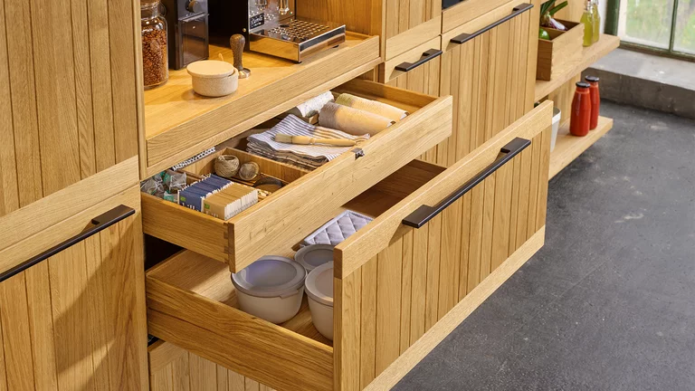 drawer in solid oak and inner drawer with metal handles in black stainless steel finish