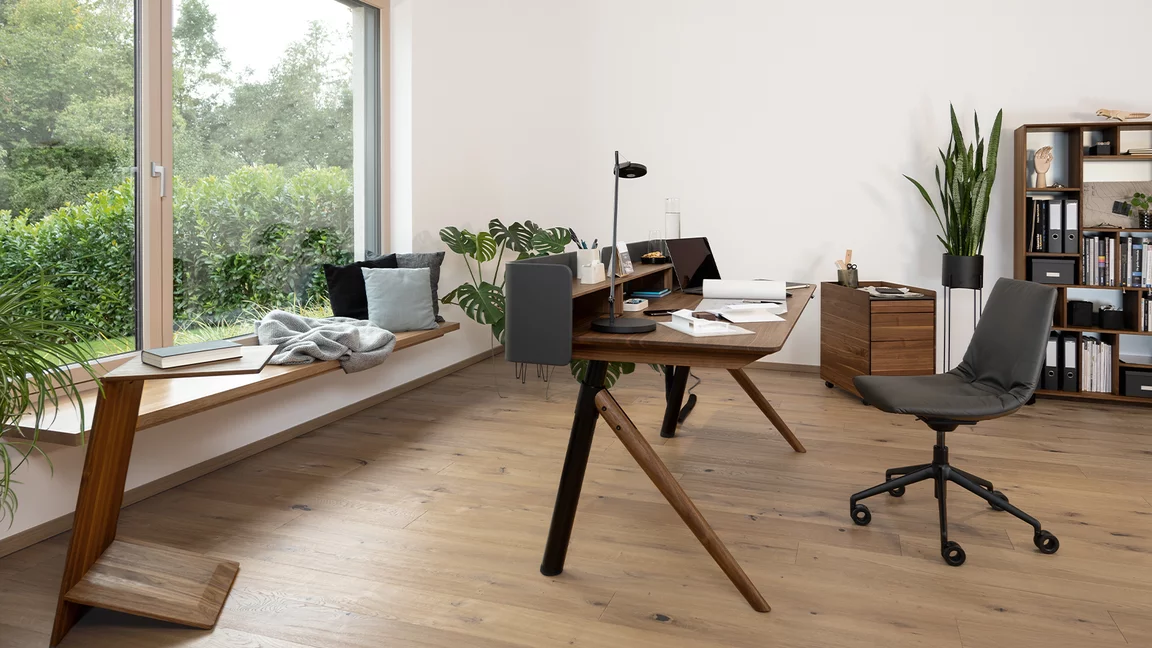 home office consisting of mobile pedestal and desk with side table next to office shelf and desk chair home office from pisa mobile pedestal and desk with graphic office shelf with sidekick side table in walnut with lui leather office swivel chair