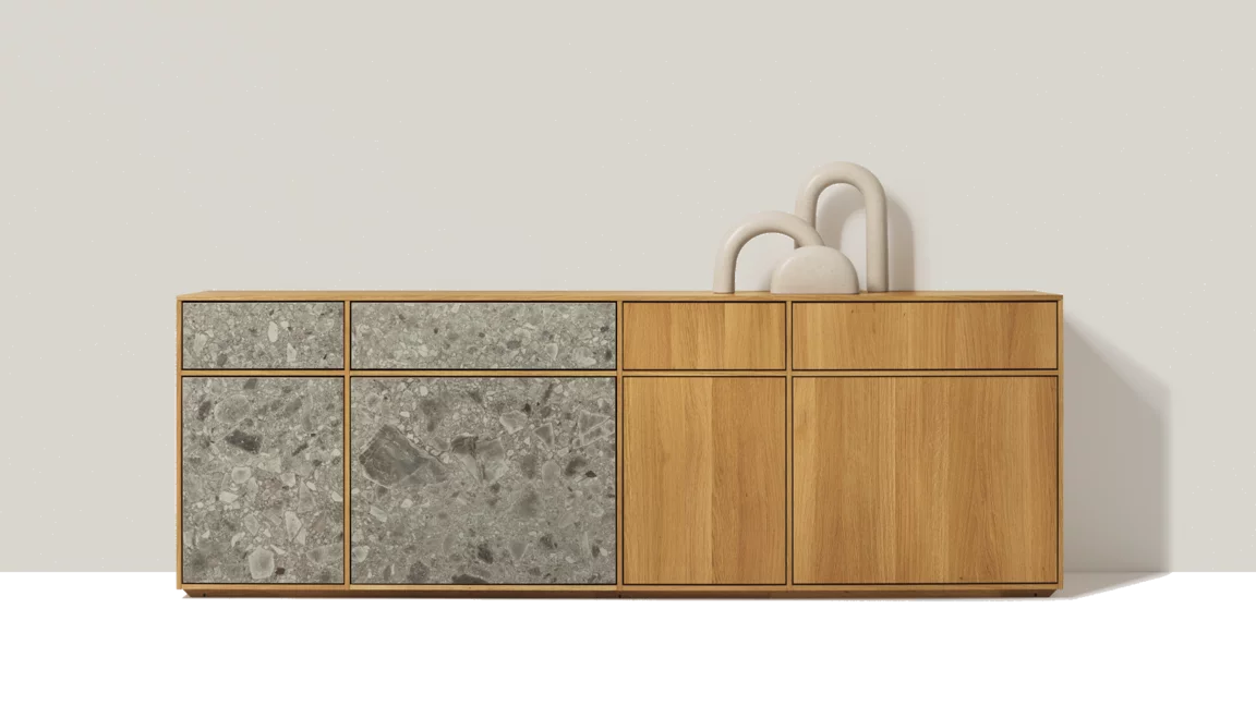 Sideboard filigno aus Eiche Massivholz mit MDi iseo gris Frontelementen