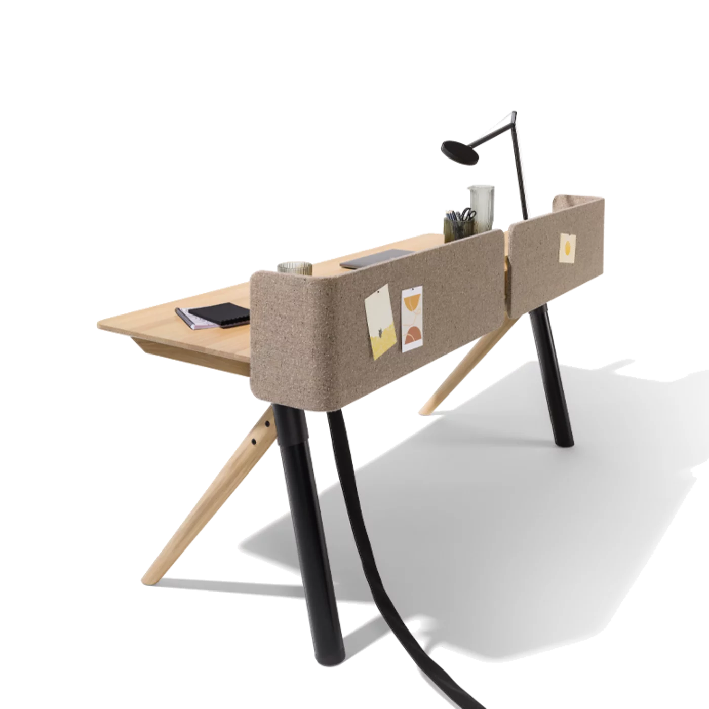 pisa desk with fabric panel and cable conduit in oak white oil