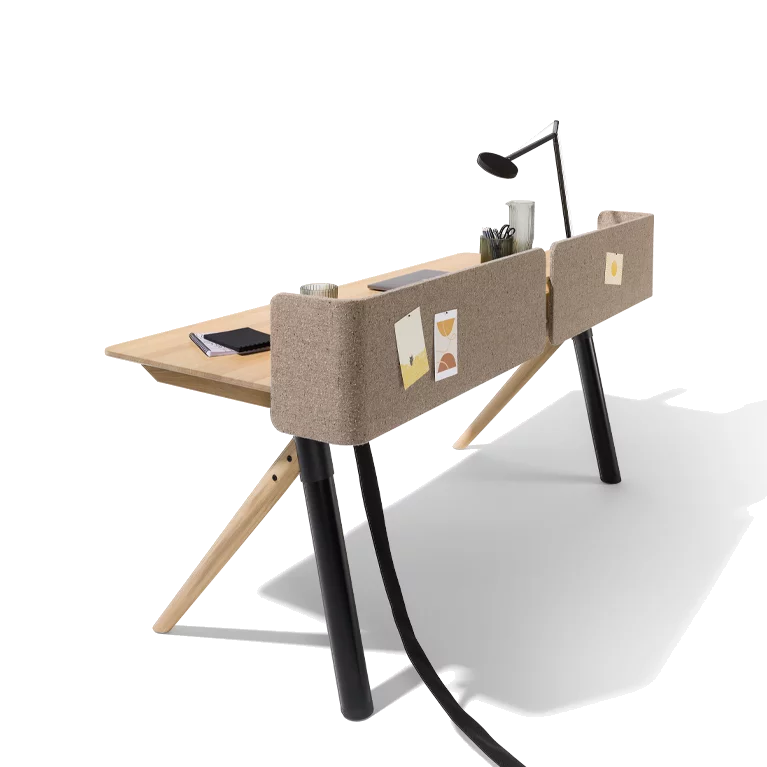 pisa desk with fabric panel and cable conduit in oak white oil