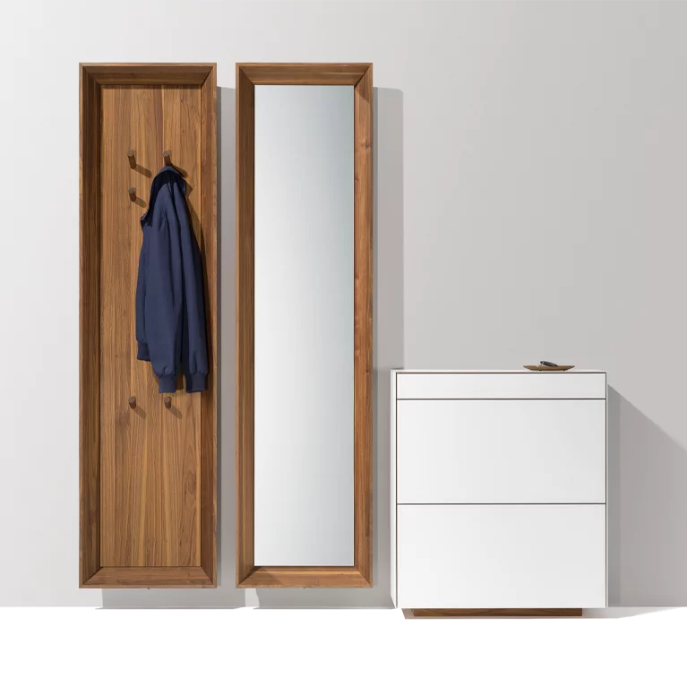 haiku wardrobe with hanging mirror panel in solid walnut and cubus pure hallway chest of drawers in white coloured glass